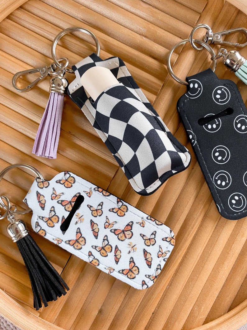 Checker Keychain Lip Balm Holder, Girly Chapstick Key Fob, Retro