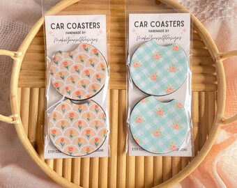 Checker Car Coasters set of 2, New Car Gift for Her, Retro Cup Holder, Cute Car Accessories,  Absorbant Coasters, Checkered Car Decor