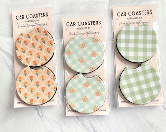 Checker Car Coasters set of 2, New Car Gift for Her, Retro Cup Holder, Cute Car Accessories,  Absorbant Coasters, Checkered Car Decor