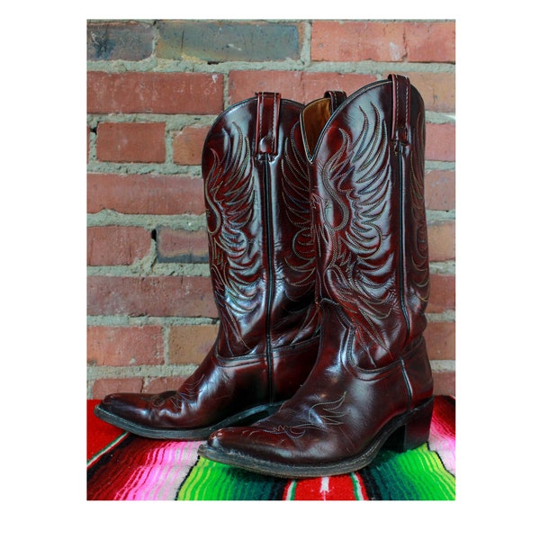 Men's Vintage Stock Show Cowboy Boots Oxblood Eagle Western Leather Size 8D