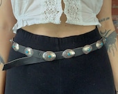 Vintage Navajo Sterling Silver Turquoise Concho Black Leather Belt - 28