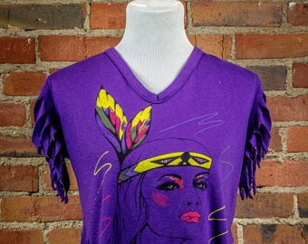 Vintage 80s Purple Pocahontas Fringe Top Small
