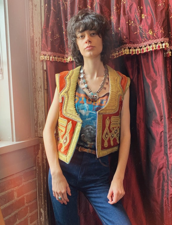 Vintage Afghan Rust Velvet Vest - Small