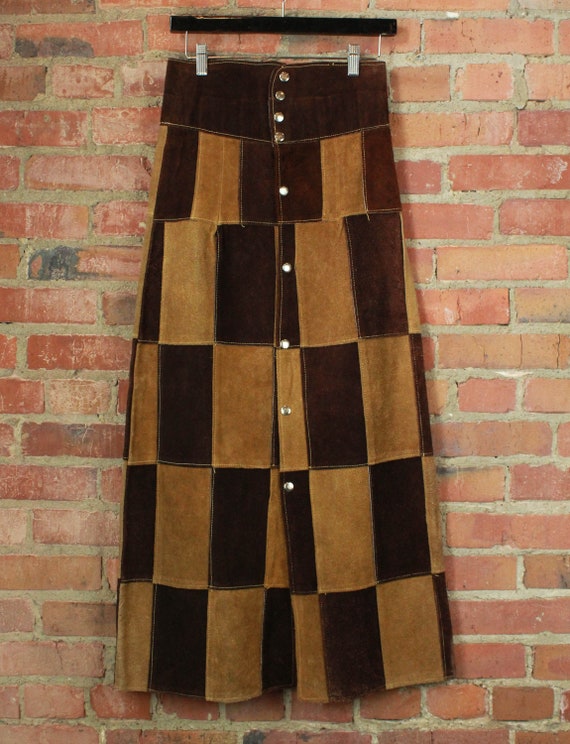 Women's Vintage 70's Brown Suede Patchwork Maxi Sk