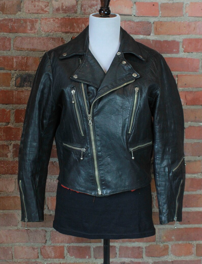 Women S Vintage Black Leather Biker Moto Jacket Small Red Lining Motorcycle