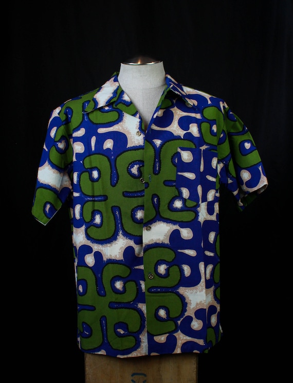 Men's Vintage 40's Aloha Hawaiian Shirt Blue Green
