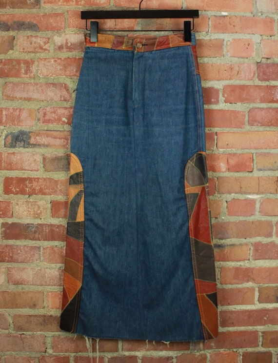 Women's Vintage 70's Leather Patchwork Denim Maxi