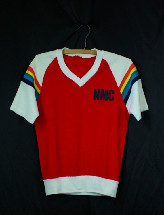 Men's Vintage 70's Red Terrycloth T Shirt Rainbow
