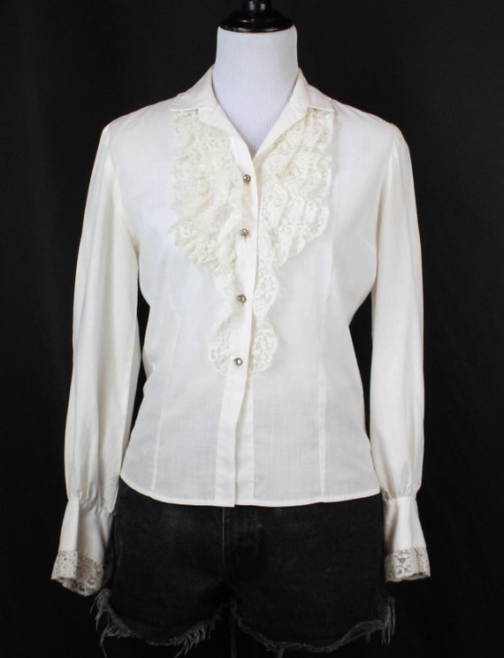 Women's Vintage White Ruffle Lace Blouse - S/M