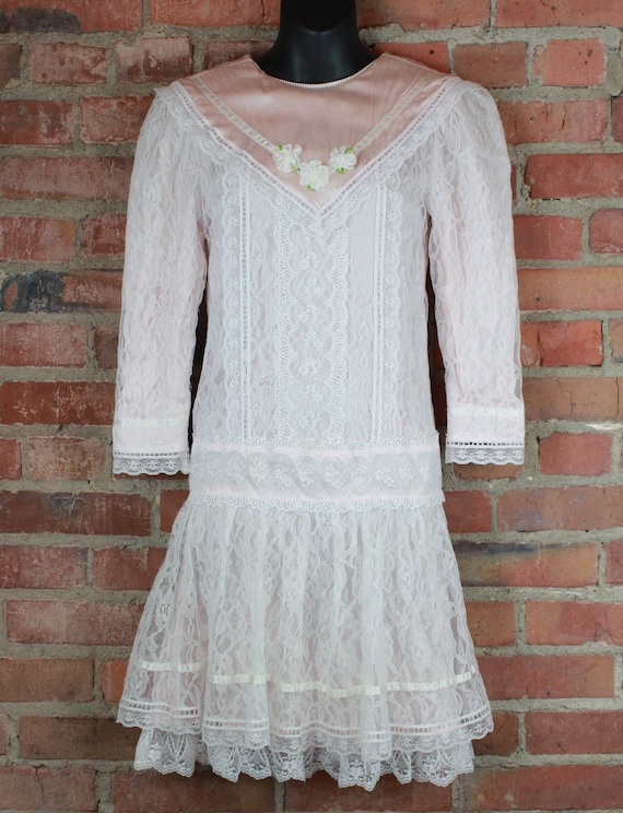 Women's Vintage 80's Gunne Sax Pink And White Lace