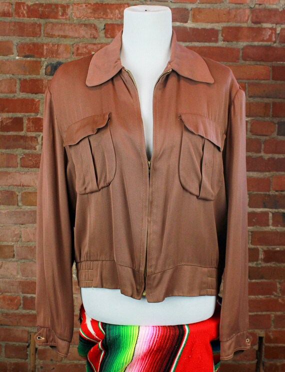Vintage 40's Gaberdine Bomber Jacket Brown Unisex