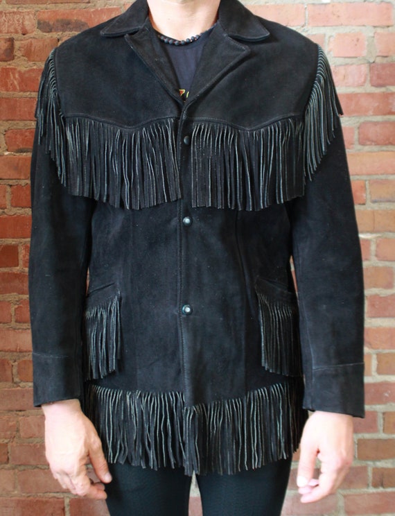 Men S Vintage Excelled Black Suede Fringe Leather Jacket Size 40 Country Western Usa
