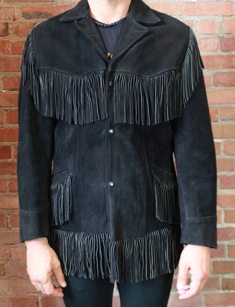 Men S Vintage Excelled Black Suede Fringe Leather Jacket Size 40 Country Western Usa