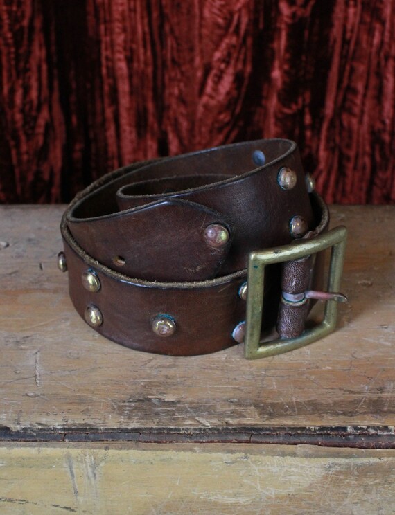 Vintage 70's Brown Leather Brass Studded Belt - Si