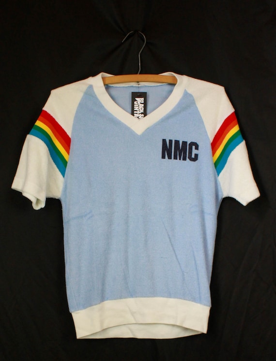 Men's Vintage 70's Blue Terrycloth T Shirt Rainbow