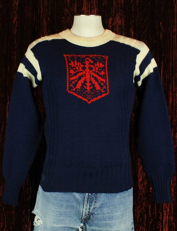 Vintage 70's Navy Blue Wool Pullover Sweater - Sma
