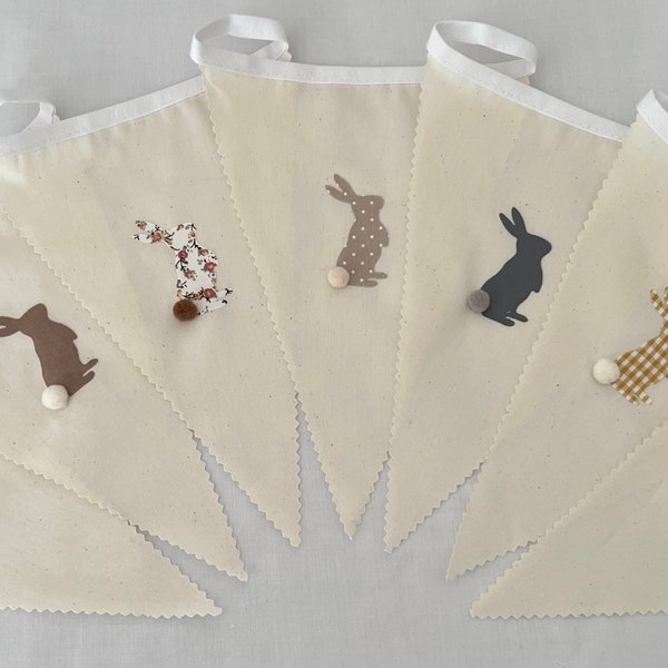 Easter Bunting Multi Grey Brown Pom Pom Rabbits Various Sizes - Country Bunnies