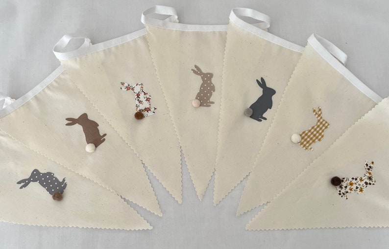 Easter Bunting Multi Grey Brown Pom Pom Rabbits Various Sizes Country Bunnies image 1