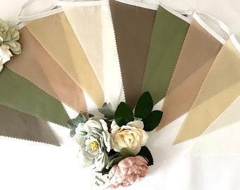 Various Sizes of Shades of Khaki and Sage Green, Coffee, Beige & Ivory (code: G2 ) Party / Wedding Fabric Bunting