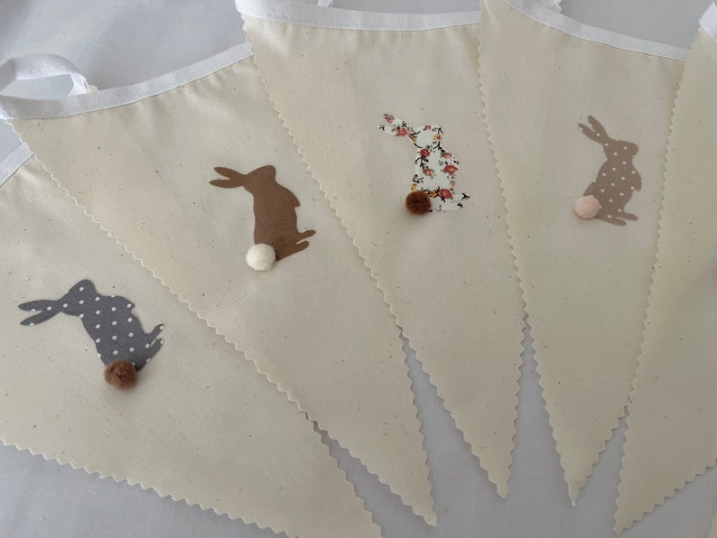 Easter Bunting Multi Grey Brown Pom Pom Rabbits Various Sizes Country Bunnies image 3