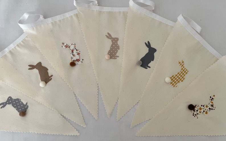 Easter Bunting Multi Grey Brown Pom Pom Rabbits Various Sizes Country Bunnies image 6