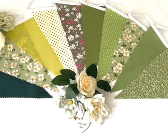 Various Sizes of Shades and Patterns of Greens “Green Harmony ” Party / Wedding Fabric Bunting