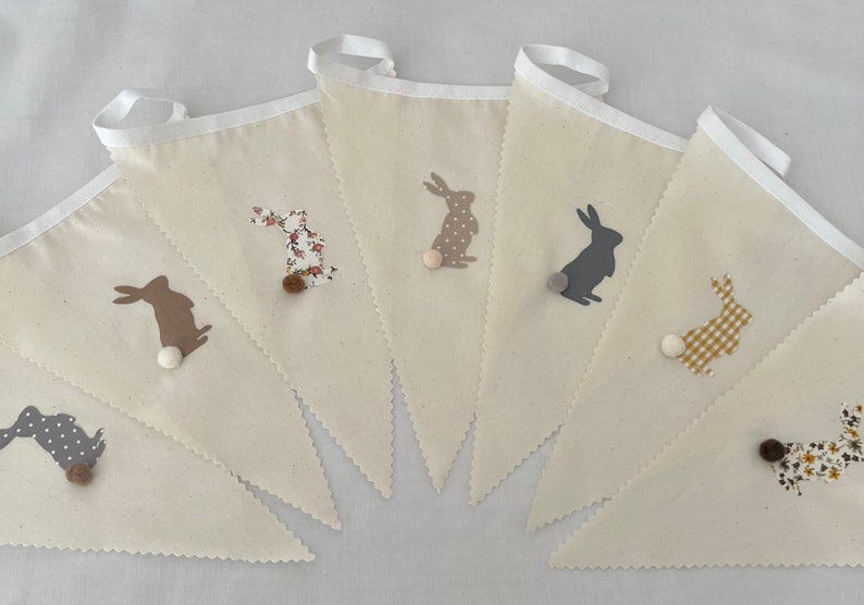 Easter Bunting Multi Grey Brown Pom Pom Rabbits Various Sizes Country Bunnies image 4