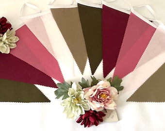 Various Sizes of Shades of Dark Khaki, Wine, Old Rose and Pale Pink & Light Khaki Green (code: W1) Party / Wedding Fabric Bunting