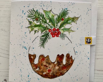 NEW - Christmas Pudding card | Watercolour | Traditional Christmas Card | Classic Christmas Card | Illustrated Card | festive art card