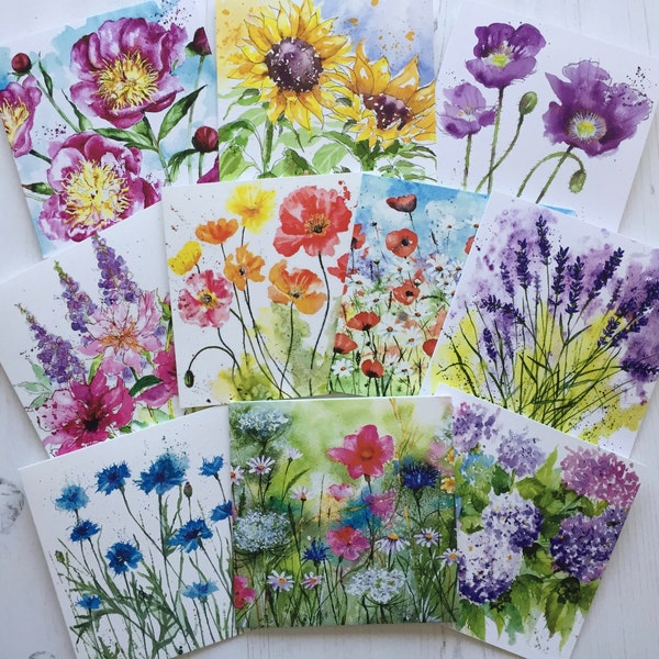 Summer Flowers Card Assortment | Greeting Card Selection | Flowers | Pack of 10 | Any occasion | Watercolour Card | Blank Inside | Art Card