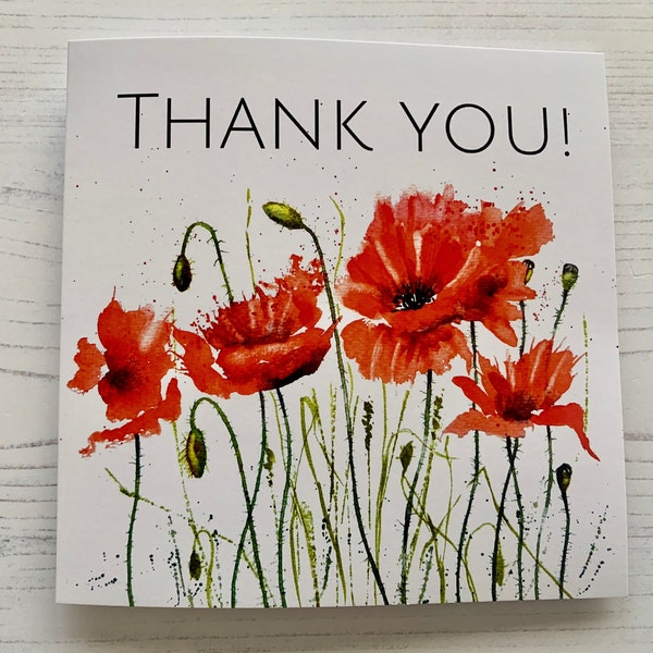 Red Poppies Thank You Card 237 | Floral Card |Watercolour Card  |Poppy Art | Blank Inside | Message Card | Art Card | Illustrated Card