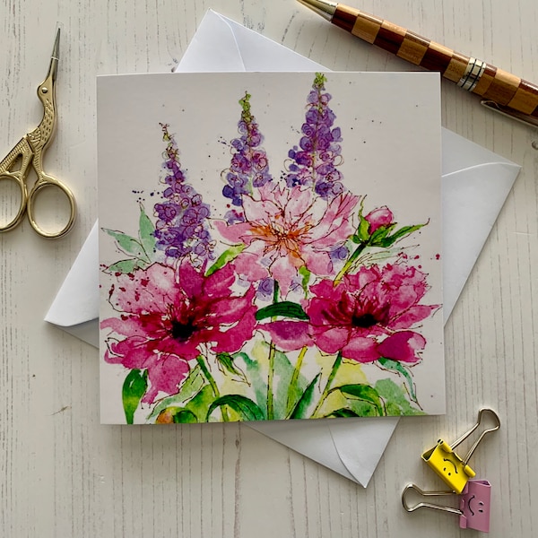 Lupins and Peonies Greetings 036|  Floral Card | Watercolour Card | Blank Inside | Birthday | Mother's Day | Art Card | Illustrated Card