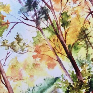 May include: Watercolor painting of a forest scene with trees in shades of green, yellow, and orange. The trees are painted in a loose, impressionistic style, with the branches and leaves blending together.