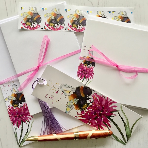 Stationery Set | Bees and Flowers Stationery | Writing set | Notecards | Stickers | Gift Set |Artists Illustration | Watercolour note set
