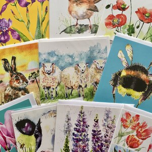 Watercolour Art Card Set B: Floral & Animal Greeting Cards, Blank Inside (Pack of 10)