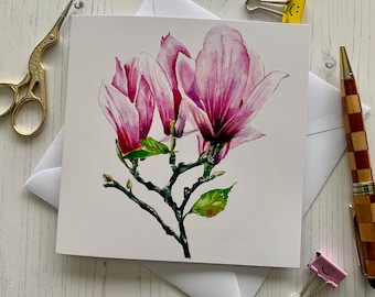 Pink Magnolia Greetings Card 155 | Floral Card| Watercolour | colourful card | Floral | Blank Inside | Birthday| Art Card | Illustrated Card