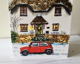 Christmas Cottage  Card | Traditional Christmas Card |Art Christmas Card | Illustrated Card |Classic Christmas Card|  Red Mini Car Card -