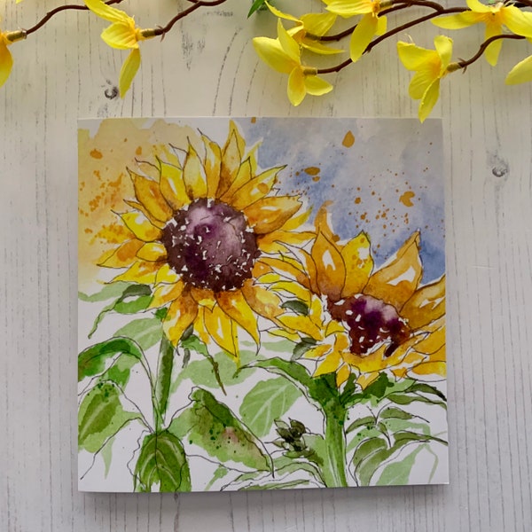 Sunflowers Greetings Card 034 | Floral Art Card | Watercolour Card | Blank Inside | Birthday | Sunflowers |Art Card | Illustrated Card