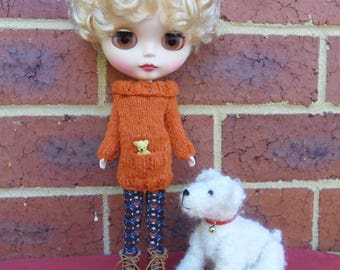 REDUCED BLYTHE  DOLL Sweater--   Fine Tweed Knitted Orange Sweater--