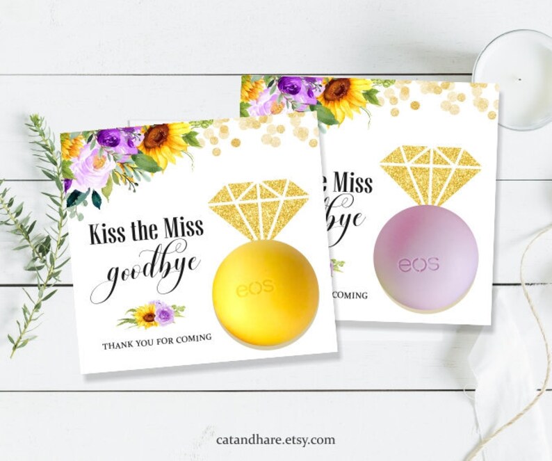 Sunflower Lavender Kiss The Miss Goodbye Bridal Shower Favors EOS Lip Balm Card Holder Tag Ideas Wedding Shower INSTANT DOWNLOAD Printable