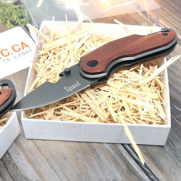 Small Wood Handle Folding Pocket Knife - Unique Engraved Gift for Fathers, Rustic, Custom Engraving, best man gift, Wedding Gift, Carabiner