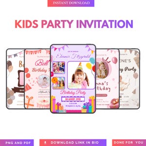 May include: A digital invitation for a kids' birthday party. The design features a purple and pink color scheme with images of a girl, balloons, and gifts. Text includes "KIDS PARTY INVITATION" and "Birthday Party" details. The invitation is available as a PNG and PDF.
