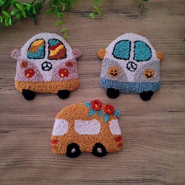 Retro coaster, Mug coaster, Colorful coaster, Punch needle coaster, Retro bus shaped mug rug, Floral mug rug, Gift for her