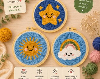May include: A punch needle kit for kids featuring three wooden embroidery hoops with finished designs: a winking yellow star on blue, a smiling sun on blue, and a rainbow with a cloud on blue. Includes text: Beginner Friendly, Kids Punch Needle Kit.