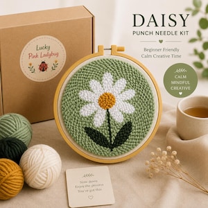 May include: A punch needle kit featuring a daisy design in a wooden hoop, a brown cardboard box labelled Lucky Pink Ladybug, four yarn balls in green, black, white, and yellow, and a card with the text Slow down Enjoy the process You've got this.