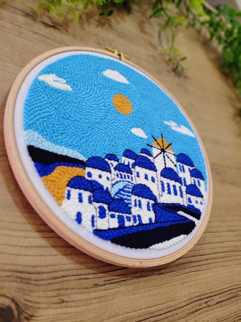 Santorini Greece Punch Needle Embroidery Kit Starter Kit Etsy