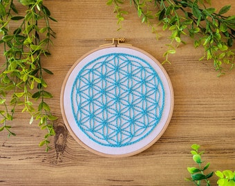 The Flower of life symbol wall decor, Sacred geometry symbol home decor, Coded symbol for Abundance, Embroidery hoop art, Blue wall decor