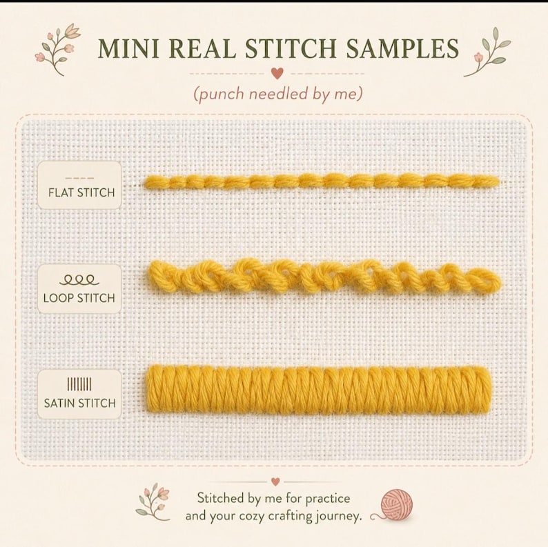 May include: A white fabric sampler featuring three yellow yarn stitch rows labeled MINI REAL STITCH SAMPLES (punch needled by me). The rows demonstrate a flat stitch, a loop stitch, and a satin stitch, each with a corresponding text label.
