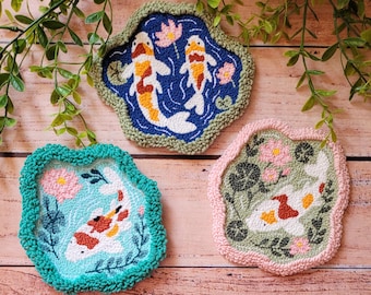 Koi Fish Punch Needle Mug Rug Kit, Japanese Garden Pond Coaster Beginner Diy Craft