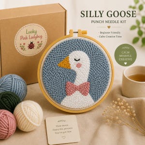 May include: A punch needle kit featuring a brown cardboard box labeled SILLY GOOSE, a wooden embroidery hoop with a white goose design on a blue background, four yarn balls in blue, green, cream, and pink, and a card with the text Slow down.